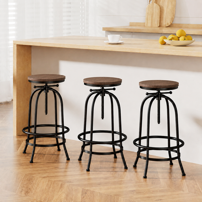 Set of 3 Zane Industrial Timber Bar Stools at a bright kitchen bench with timber floors