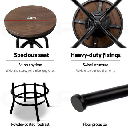Zane industrial bar stool info graphic highlighting the spacious seat, heavy-duty fixings, powder-coated footrest and floor protector