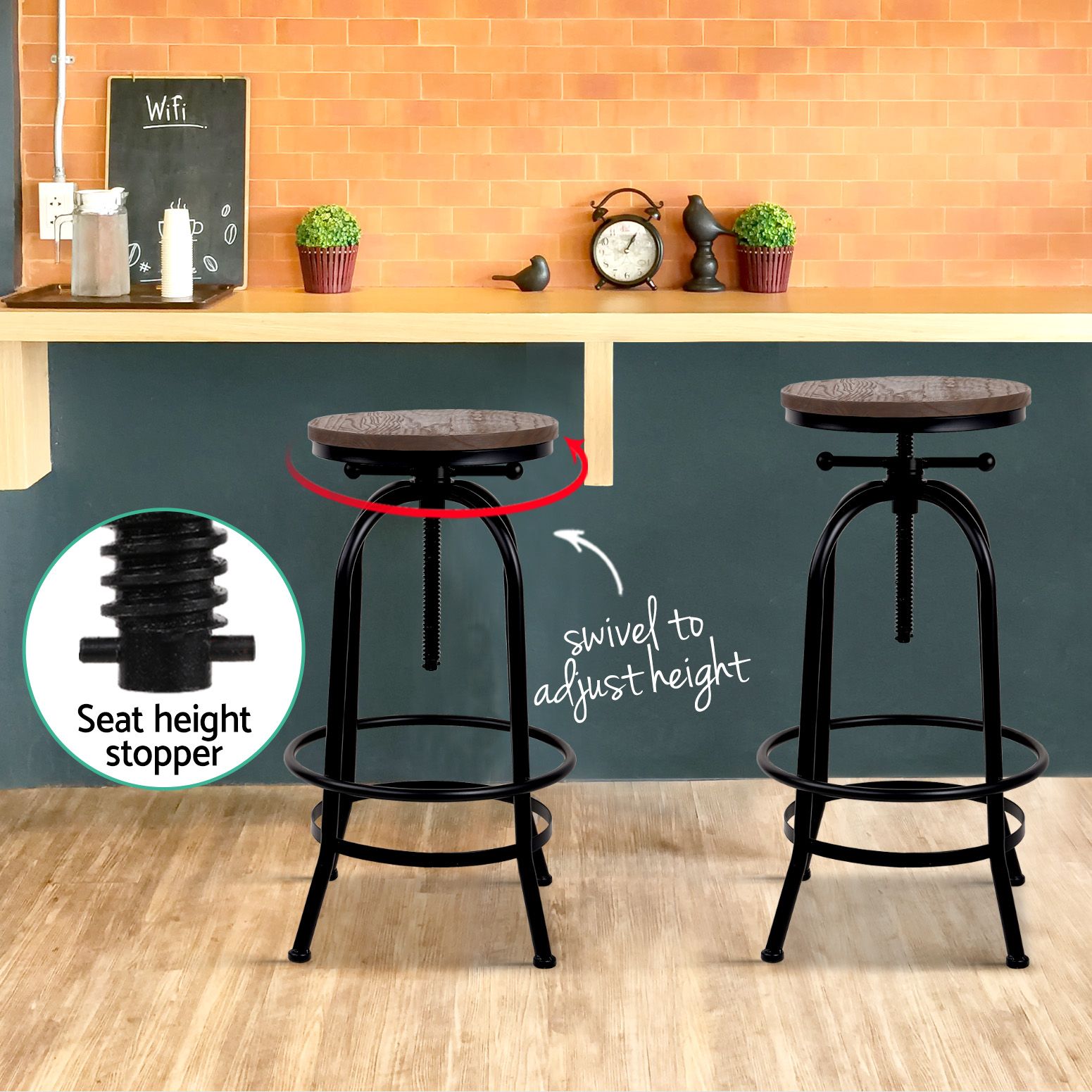 Two Zane adjustable bar stools with a seat height stopper feature in a cafe setting.