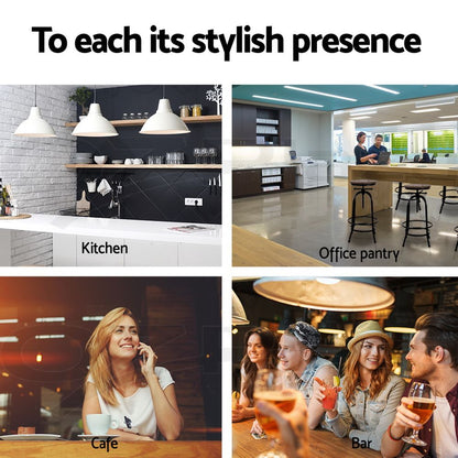 A collage of the Zane industrial bar stool showing four interior scenes: a modern kitchen, an office pantry, a cafe table scene, and a bar scene.