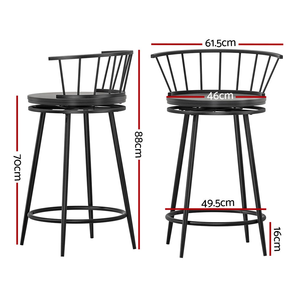 Two black bar stools with dimensions marked on a white background