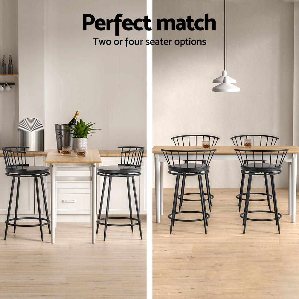 Two dining room setups with black bar stools and wooden tables, labeled 'Perfect match' with seating options.