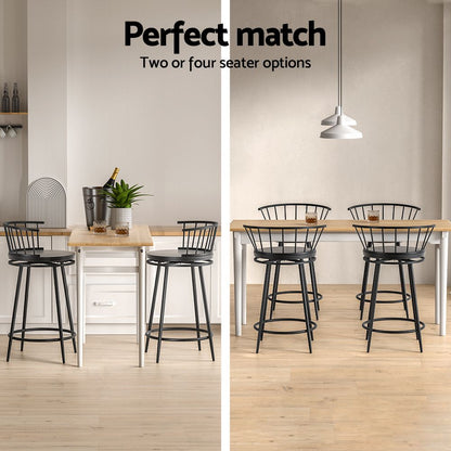 Two dining room setups with black bar stools and wooden tables, labeled 'Perfect match' with seating options.