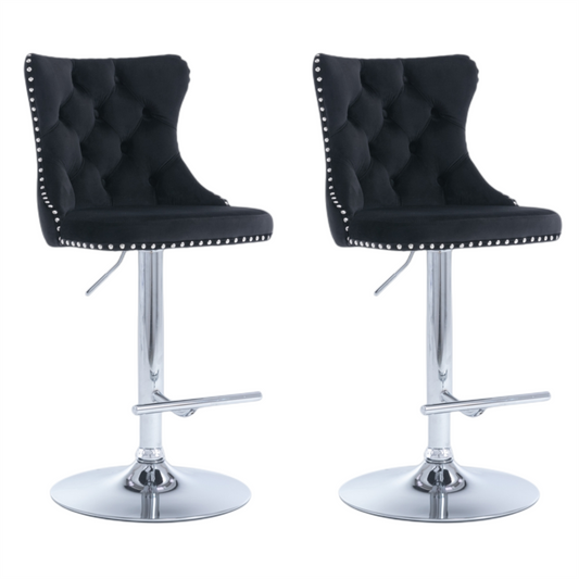 2x Height Adjustable Swivel Bar Stool Velvet Studs Barstool with Footrest and Chromed Base- Black.