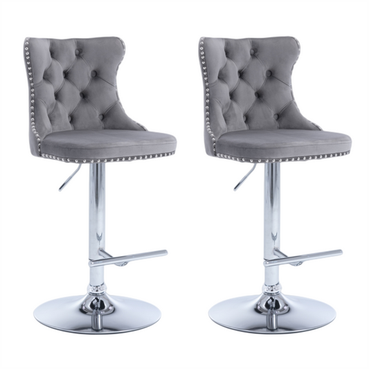 2x Height Adjustable Swivel Bar Stool Velvet Stud Barstool with Footrest and Chromed Base- Gray.
