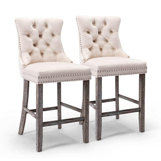 2X Velvet Bar Stools with Studs Trim Wooden Legs Tufted Dining Chairs Kitchen.