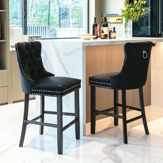 2X Velvet Bar Stools with Studs Trim Wooden Legs Tufted Dining Chairs Kitchen.