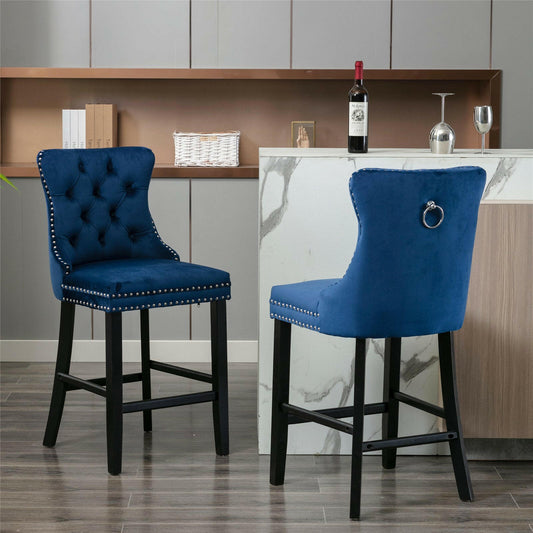 2X Velvet Bar Stools with Studs Trim Wooden Legs Tufted Dining Chairs Kitchen.