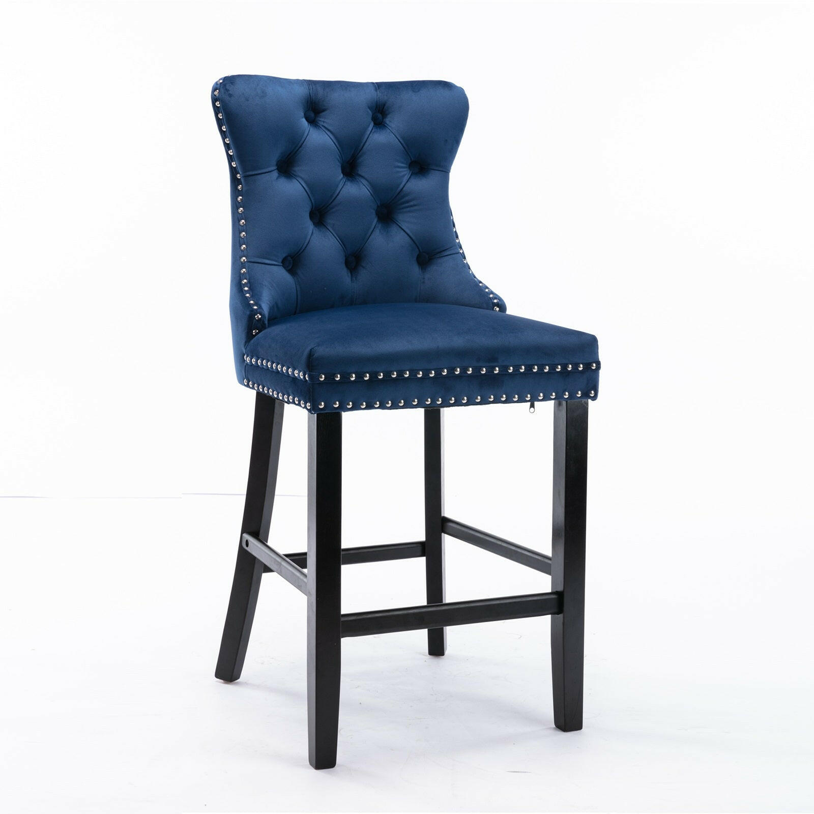 2X Velvet Bar Stools with Studs Trim Wooden Legs Tufted Dining Chairs Kitchen.