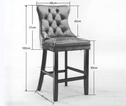 2X Velvet Bar Stools with Studs Trim Wooden Legs Tufted Dining Chairs Kitchen.