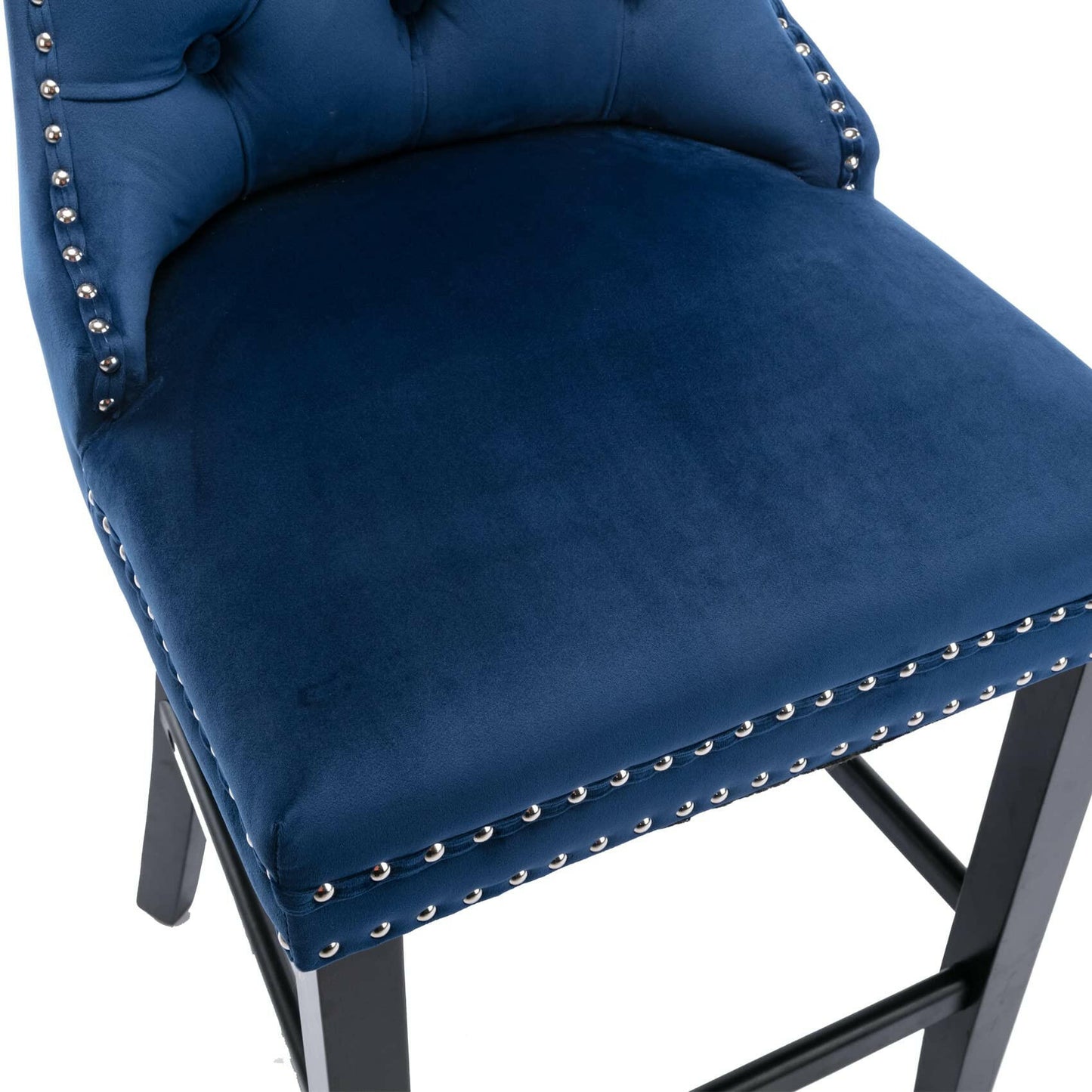2X Velvet Bar Stools with Studs Trim Wooden Legs Tufted Dining Chairs Kitchen.