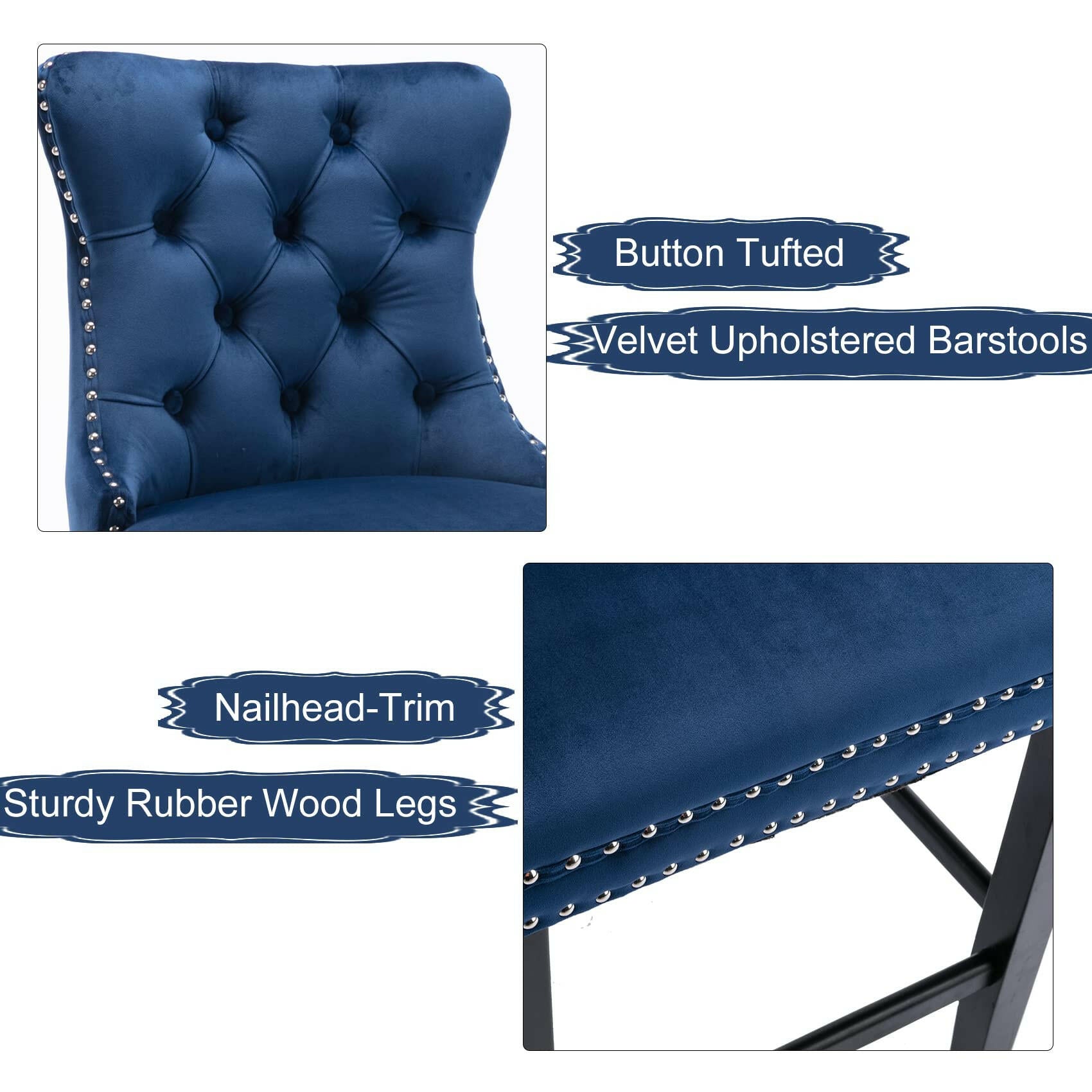 2X Velvet Bar Stools with Studs Trim Wooden Legs Tufted Dining Chairs Kitchen.