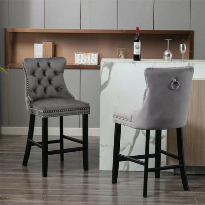 2X Velvet Bar Stools with Studs Trim Wooden Legs Tufted Dining Chairs Kitchen.