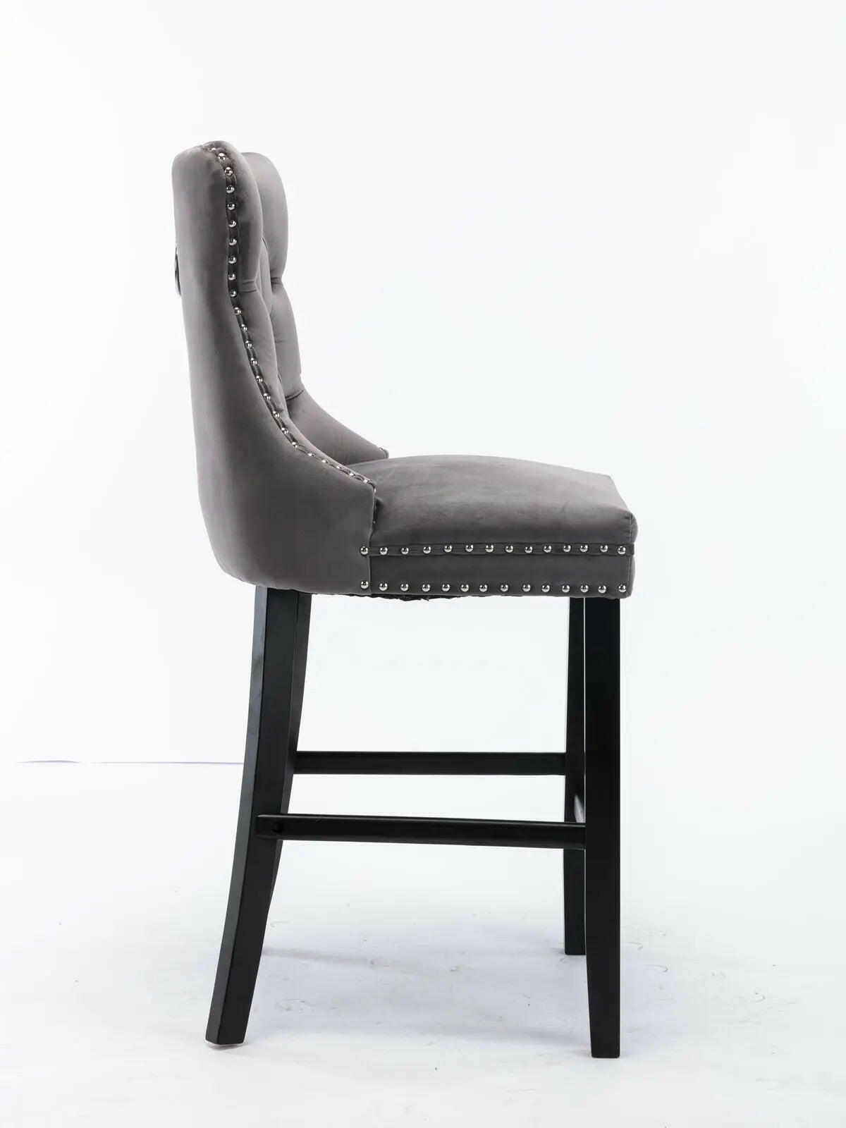 2X Velvet Bar Stools with Studs Trim Wooden Legs Tufted Dining Chairs Kitchen.