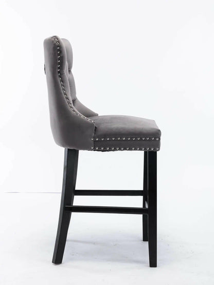 2X Velvet Bar Stools with Studs Trim Wooden Legs Tufted Dining Chairs Kitchen.