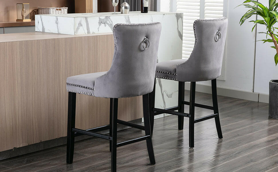 2X Velvet Bar Stools with Studs Trim Wooden Legs Tufted Dining Chairs Kitchen.