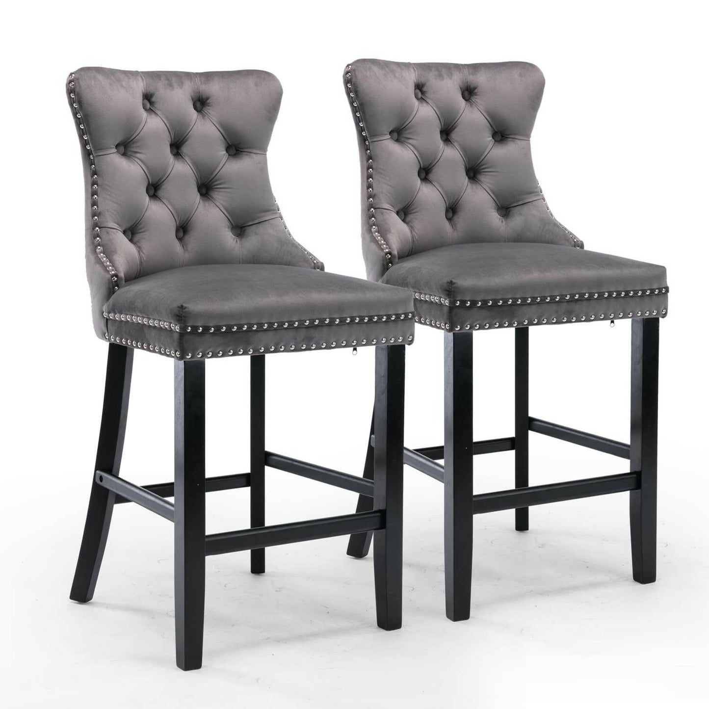 2X Velvet Bar Stools with Studs Trim Wooden Legs Tufted Dining Chairs Kitchen.