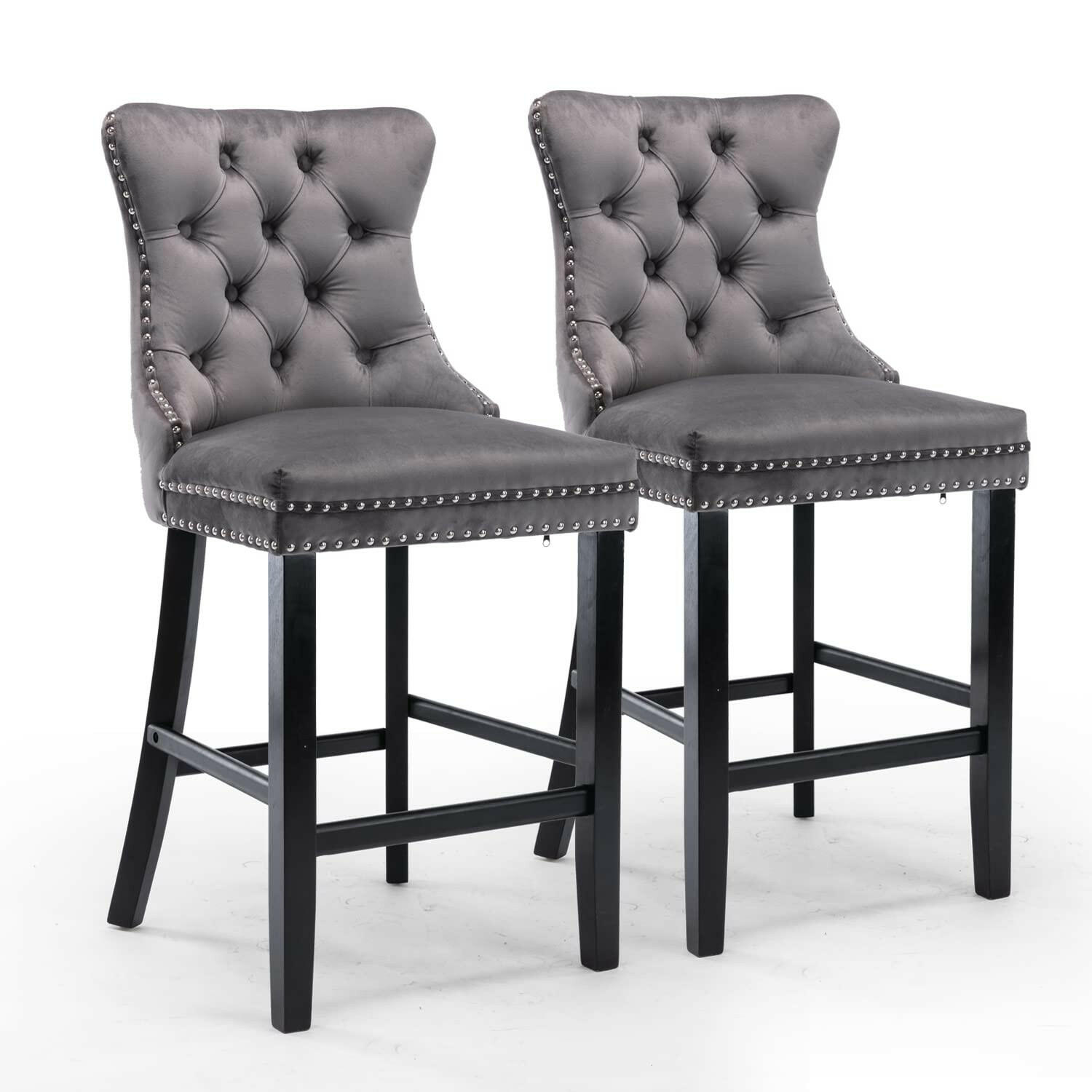 2X Velvet Bar Stools with Studs Trim Wooden Legs Tufted Dining Chairs Kitchen.