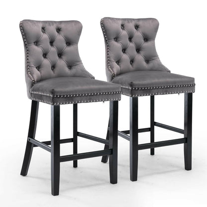 2X Velvet Bar Stools with Studs Trim Wooden Legs Tufted Dining Chairs Kitchen.