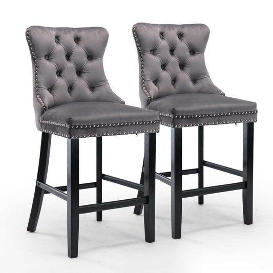 2X Velvet Bar Stools with Studs Trim Wooden Legs Tufted Dining Chairs Kitchen.