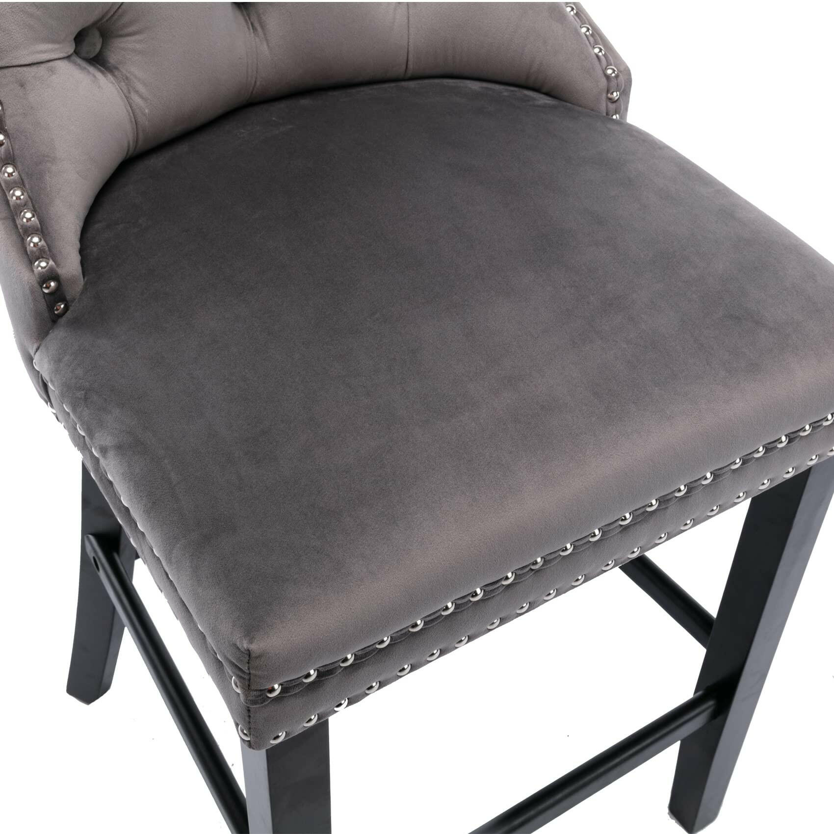 2X Velvet Bar Stools with Studs Trim Wooden Legs Tufted Dining Chairs Kitchen.