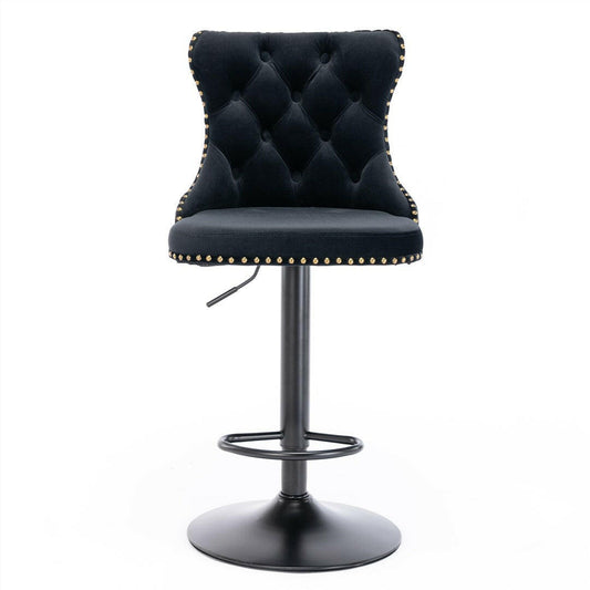 2x Height Adjustable Swivel Bar Stool Velvet Nailhead Barstool with Footrest.