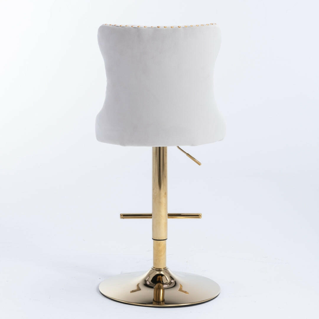 2x Height Adjustable Swivel Bar Stool Velvet Studs Barstool with Footrest and Golden Base- Beige.