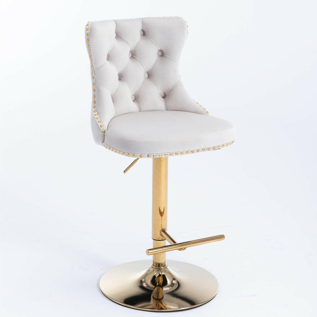 2x Height Adjustable Swivel Bar Stool Velvet Studs Barstool with Footrest and Golden Base- Beige.