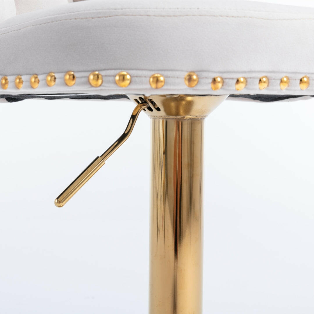 2x Height Adjustable Swivel Bar Stool Velvet Studs Barstool with Footrest and Golden Base- Beige.