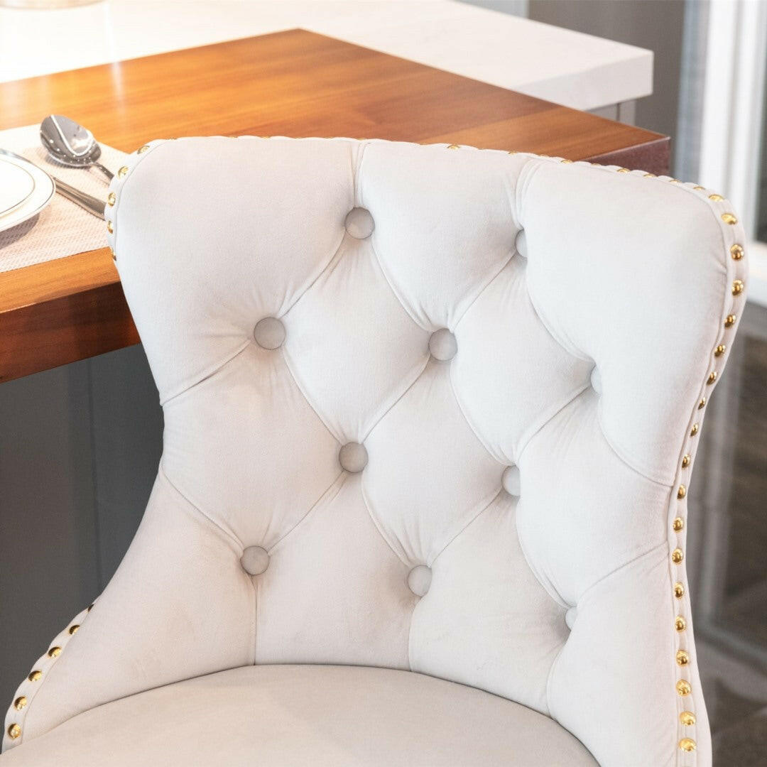 2x Height Adjustable Swivel Bar Stool Velvet Studs Barstool with Footrest and Golden Base- Beige.