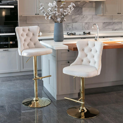 2x Height Adjustable Swivel Bar Stool Velvet Studs Barstool with Footrest and Golden Base- Beige.