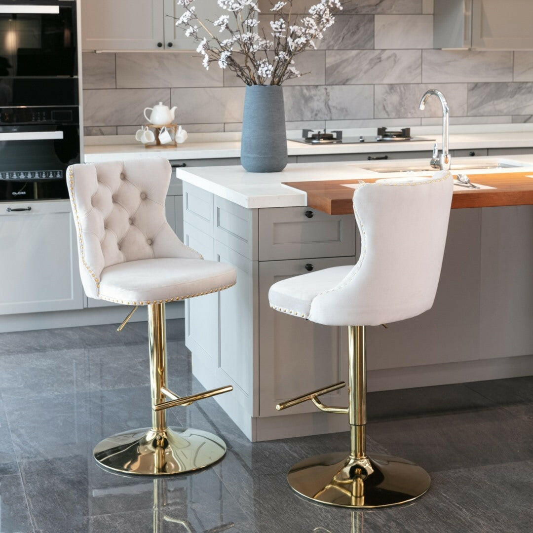 2x Height Adjustable Swivel Bar Stool Velvet Studs Barstool with Footrest and Golden Base- Beige.