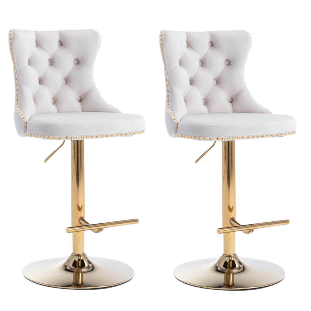 2x Height Adjustable Swivel Bar Stool Velvet Studs Barstool with Footrest and Golden Base- Beige.