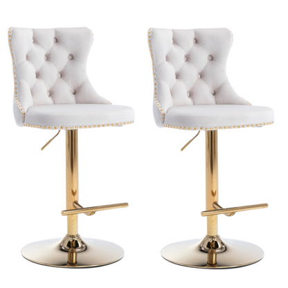 2x Height Adjustable Swivel Bar Stool Velvet Studs Barstool with Footrest and Golden Base- Beige.
