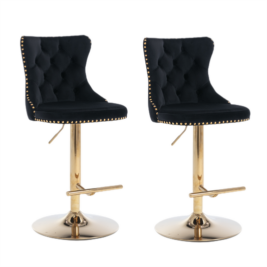 2x Height Adjustable Swivel Bar Stool Velvet Studs Barstool with Footrest and Golden Base- Black.