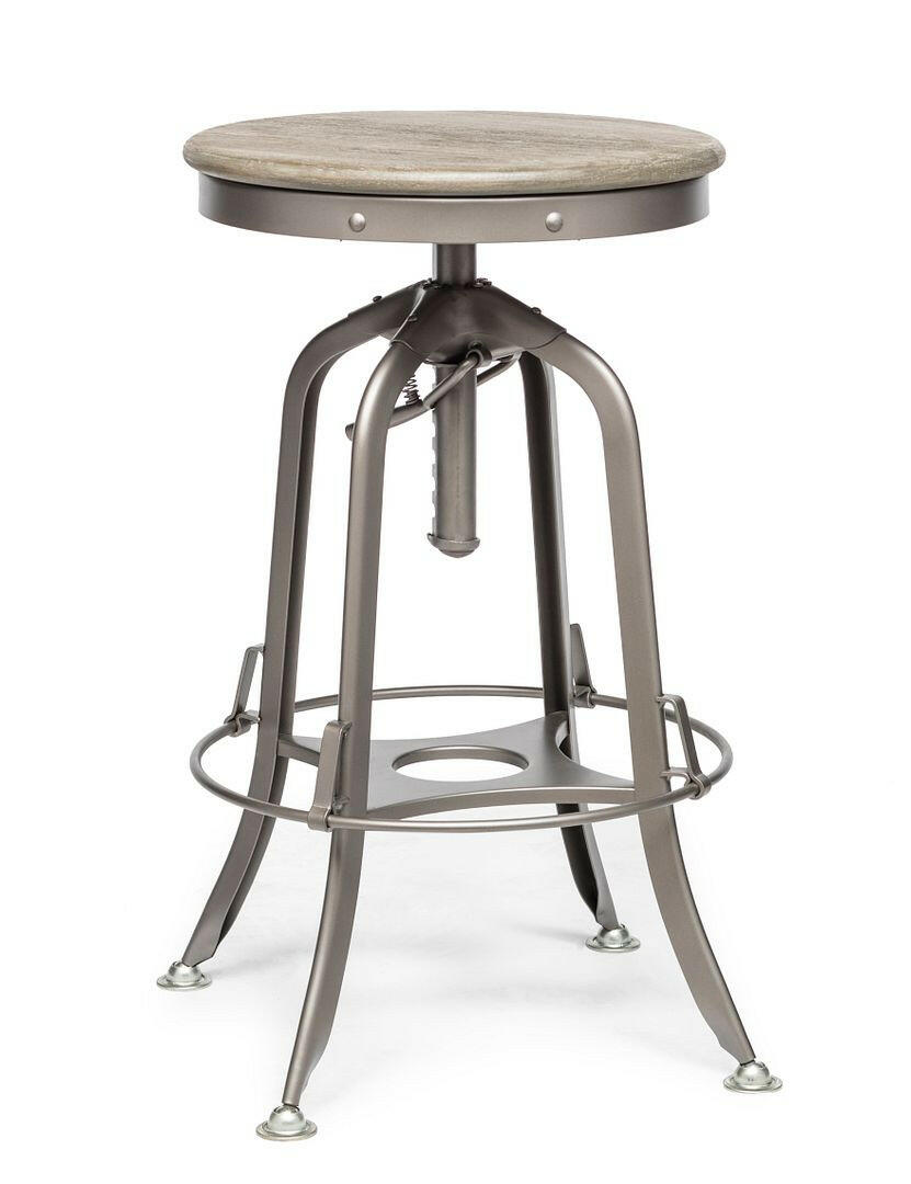 Industrial Height Adjustable Swivel Bar Stool with Oak Wood Top - Grey Finish.