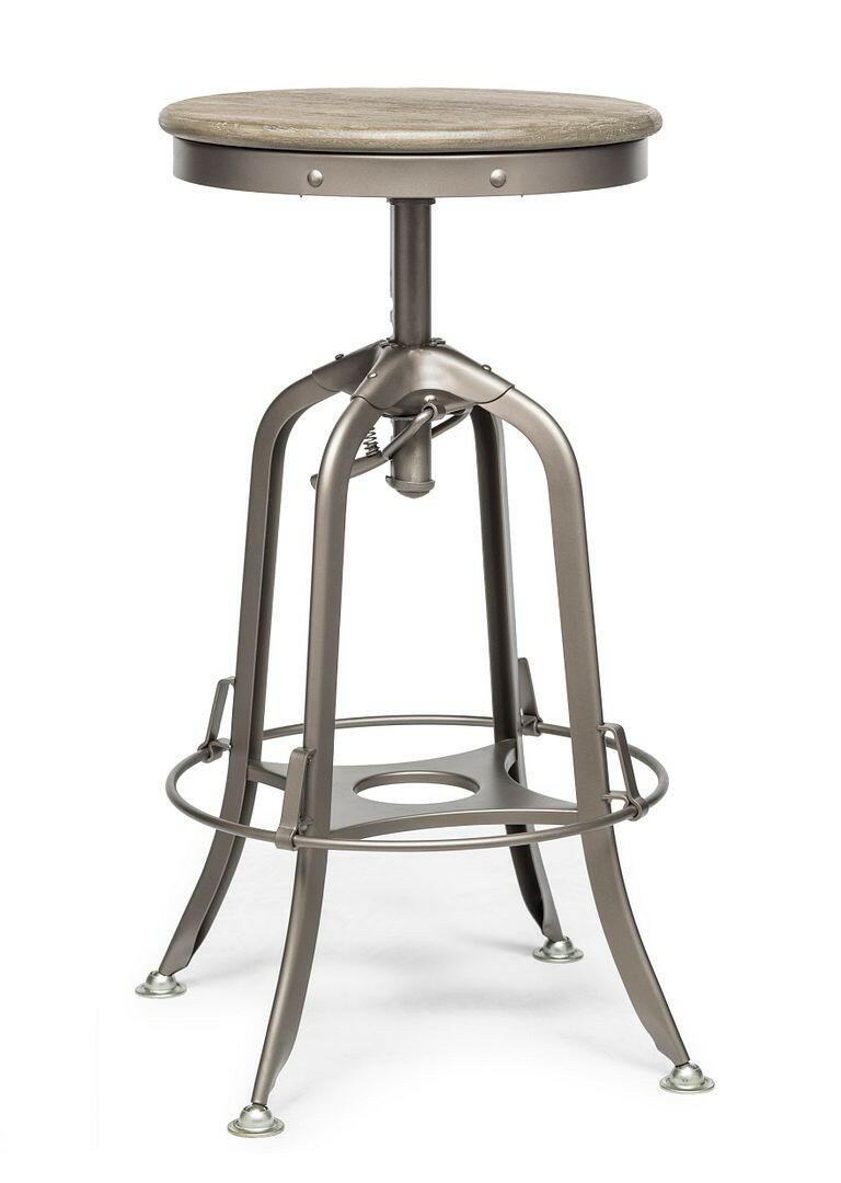 Industrial Height Adjustable Swivel Bar Stool with Oak Wood Top - Grey Finish.