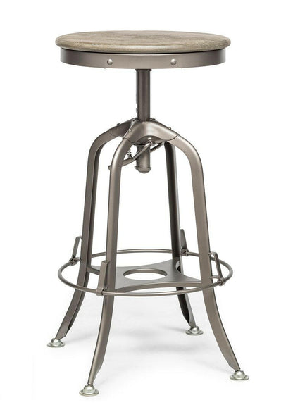 Industrial Height Adjustable Swivel Bar Stool with Oak Wood Top - Grey Finish.
