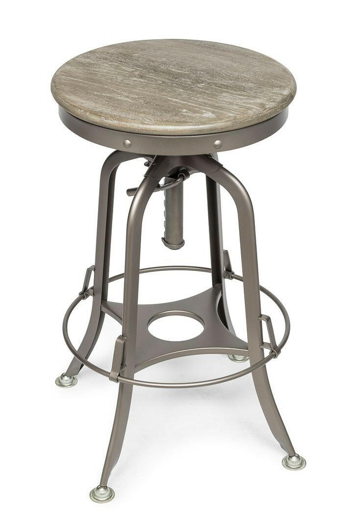 Industrial Height Adjustable Swivel Bar Stool with Oak Wood Top - Grey Finish.