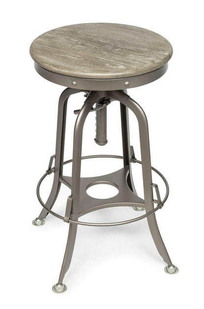 Industrial Height Adjustable Swivel Bar Stool with Oak Wood Top - Grey Finish.