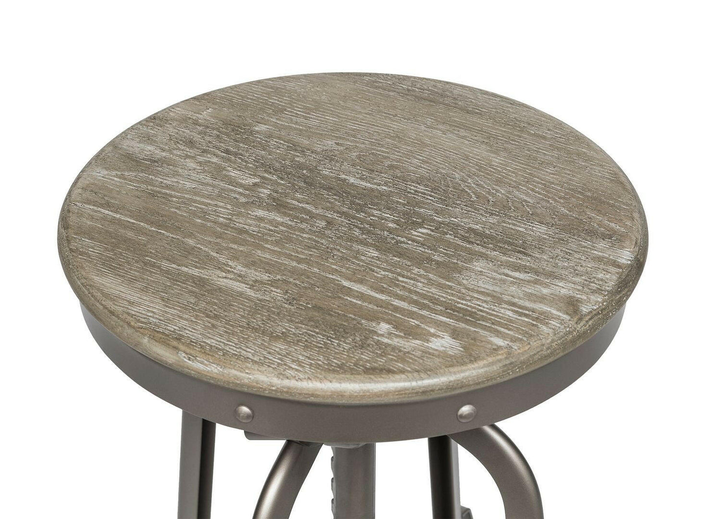 Industrial Height Adjustable Swivel Bar Stool with Oak Wood Top - Grey Finish.