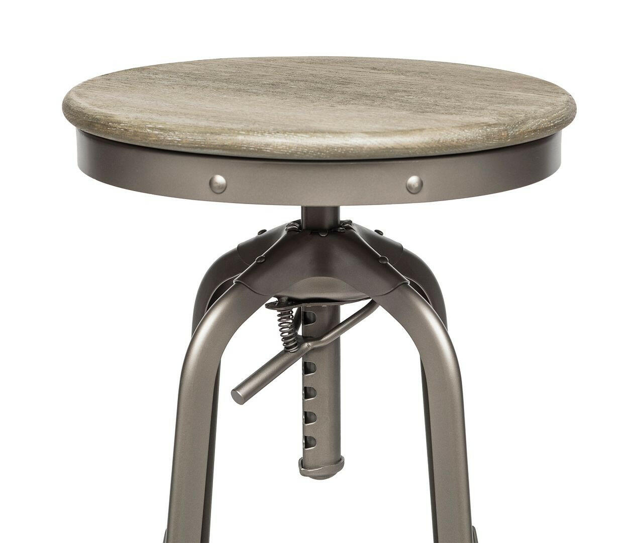 Industrial Height Adjustable Swivel Bar Stool with Oak Wood Top - Grey Finish.