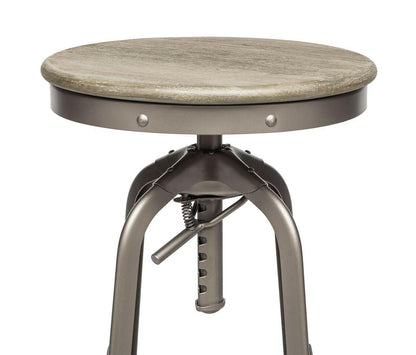 Industrial Height Adjustable Swivel Bar Stool with Oak Wood Top - Grey Finish.
