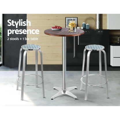 Aluminium Bistro Bar Set – Round Table with Wood Finish (3 Piece) - Barstool Express