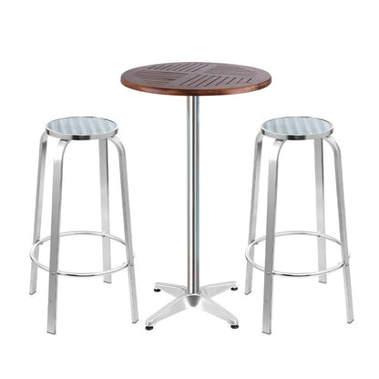 Aluminium Bistro Bar Set – Round Table with Wood Finish (3 Piece) - Barstool Express