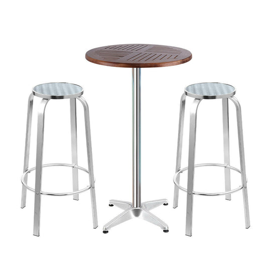 Aluminium Bistro Bar Set – Round Table with Wood Finish (3 Piece) - Barstool Express