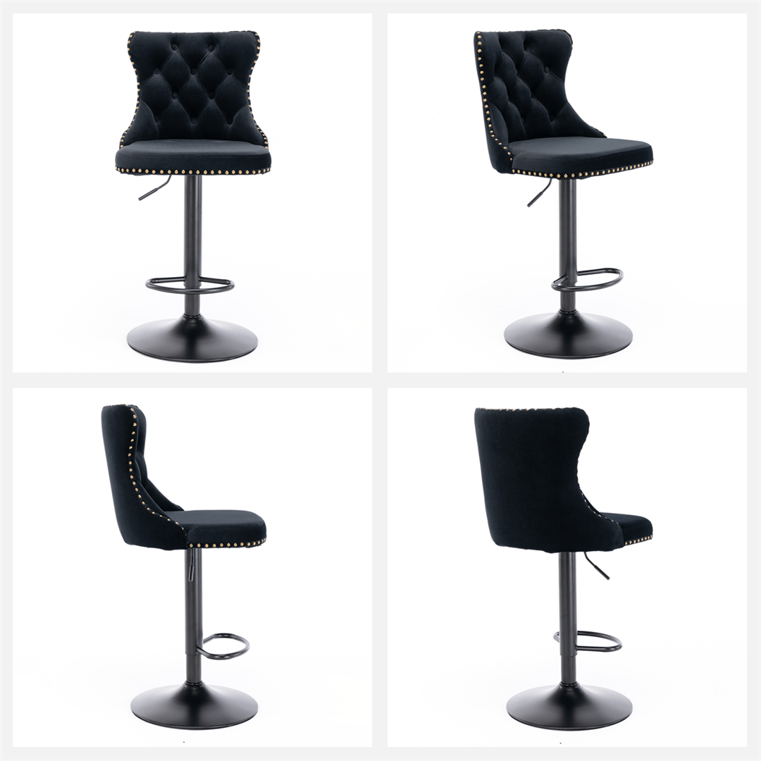 Luxe Velvet Stud Adjustable Bar Stools Black (Set of 2) - Barstool Express