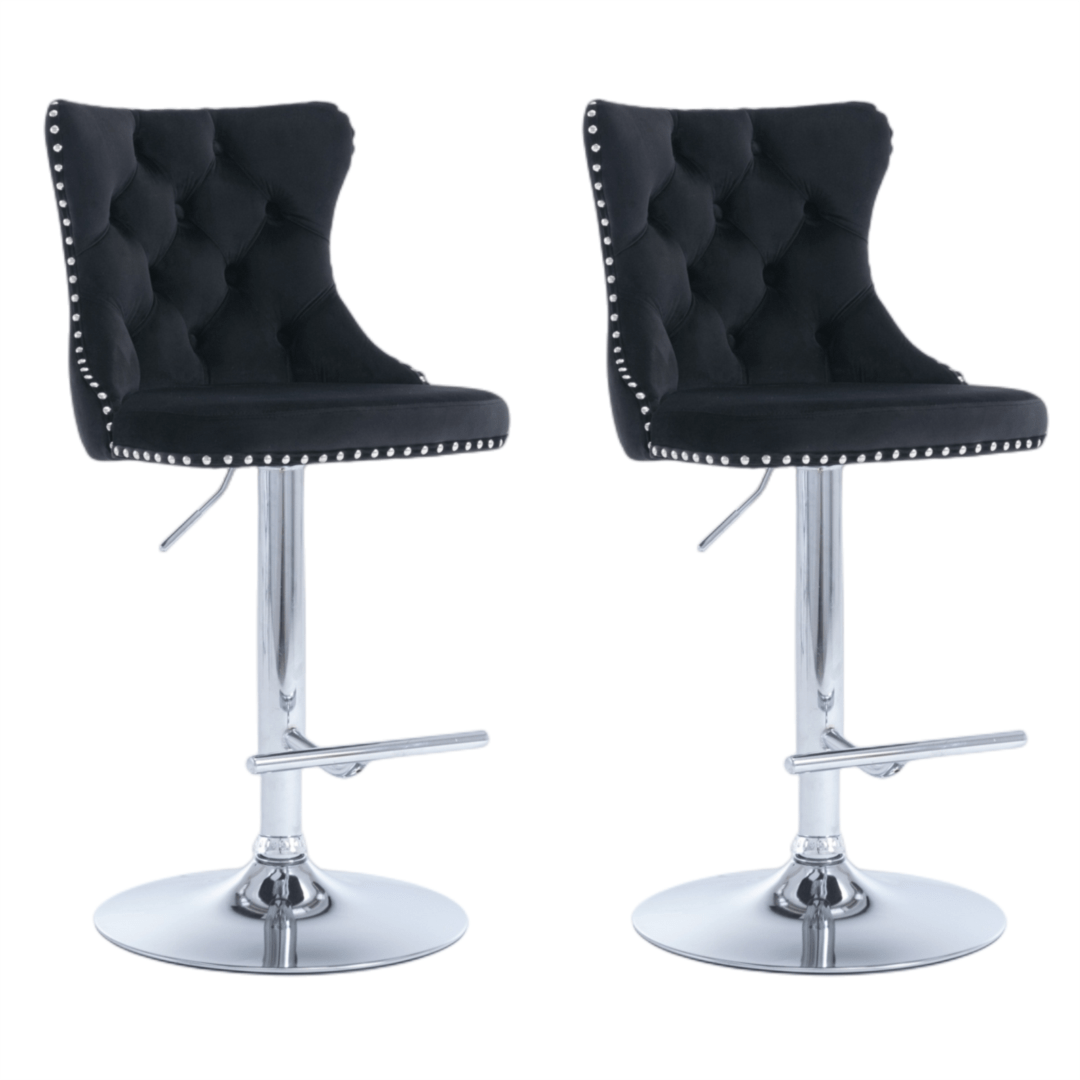 Luxe Velvet Stud Adjustable Bar Stools Chrome & Black (Set of 2) - Barstool Express