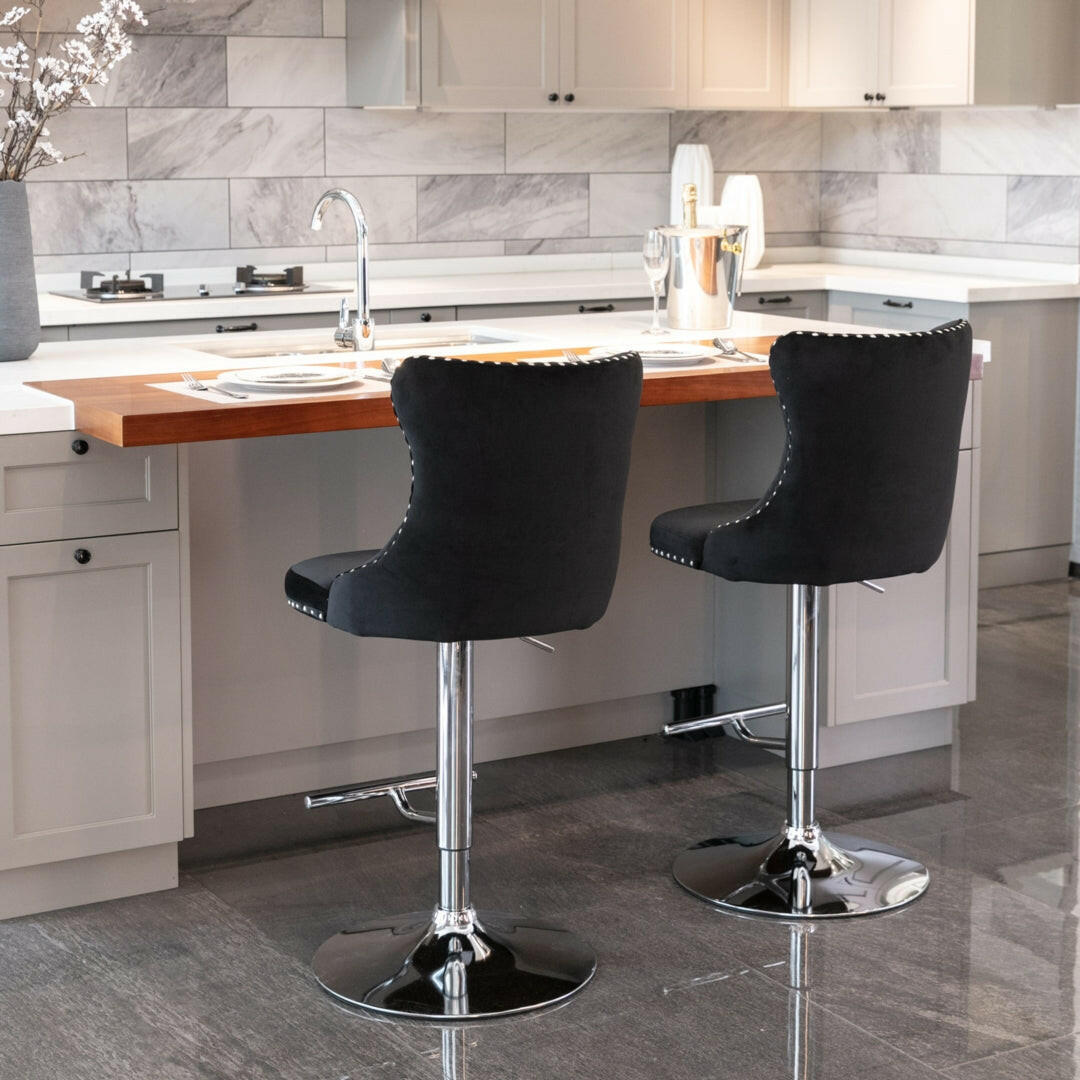 Luxe Velvet Stud Adjustable Bar Stools Chrome & Black (Set of 2) - Barstool Express