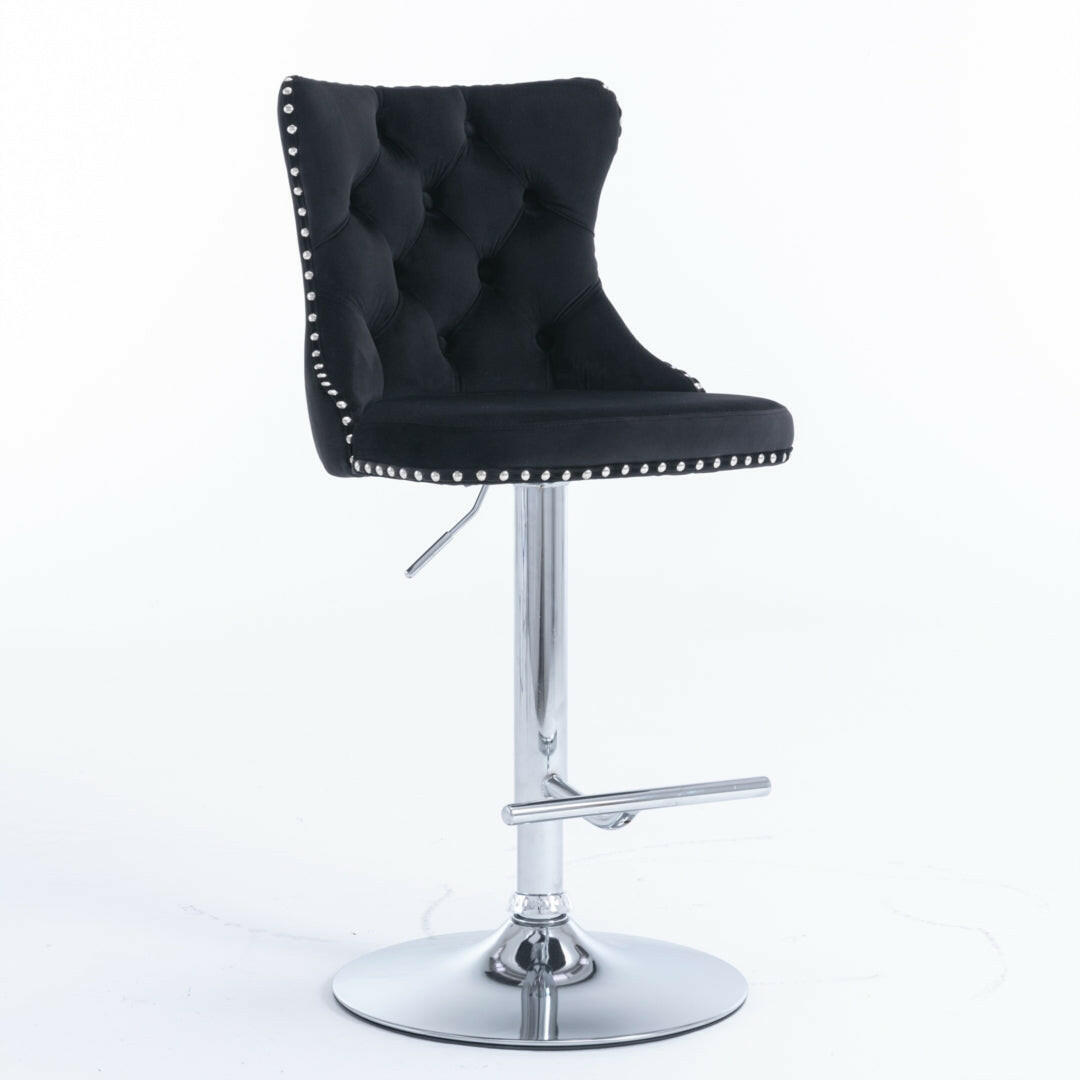 Luxe Velvet Stud Adjustable Bar Stools Chrome & Black (Set of 2) - Barstool Express